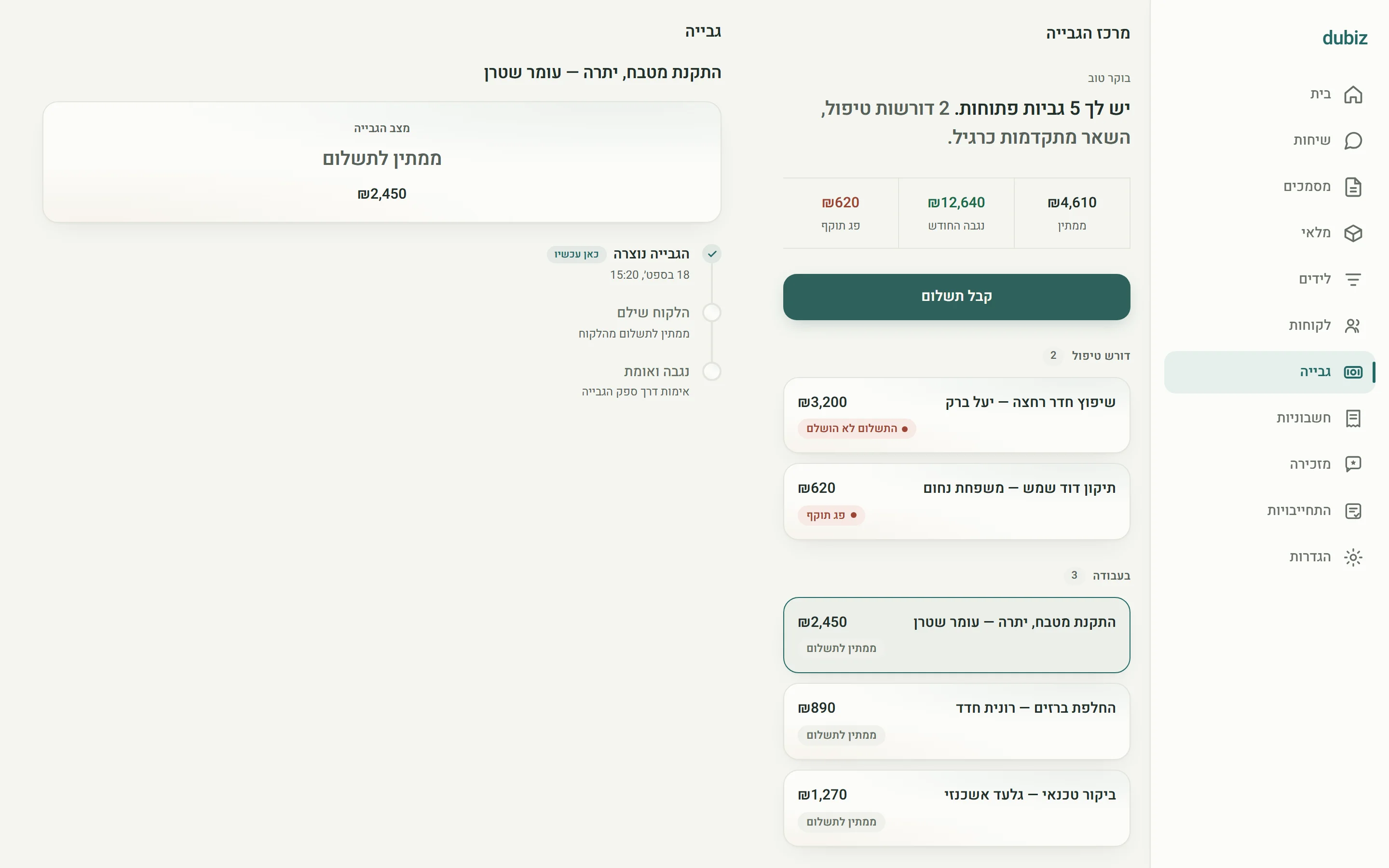 מרכז הגבייה של Dubiz במחשב — רשימת הגביות עם הסכומים, קבוצת דורש טיפול, ופרטי הגבייה הנבחרת
