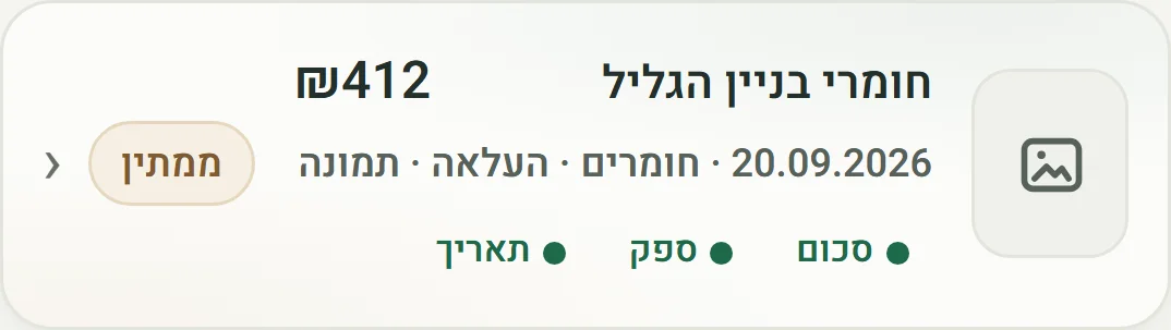 מסמך שנקלט ב-Dubiz — חומרי בניין הגליל, 412 ₪, 20.09.2026, ספק, סכום ותאריך מזוהים, ממתין לאישור