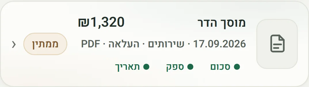 מסמך שנקלט — מוסך הדר, 1,320 ₪, 17.09.2026, שירותים