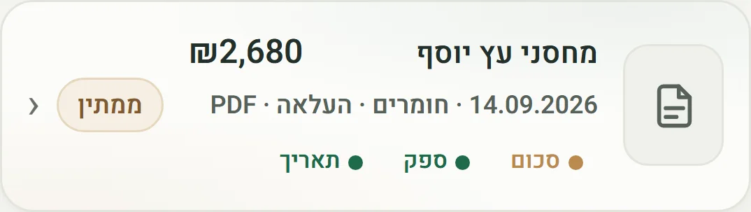 מסמך שנקלט — מחסני עץ יוסף, 2,680 ₪, 14.09.2026, חומרים
