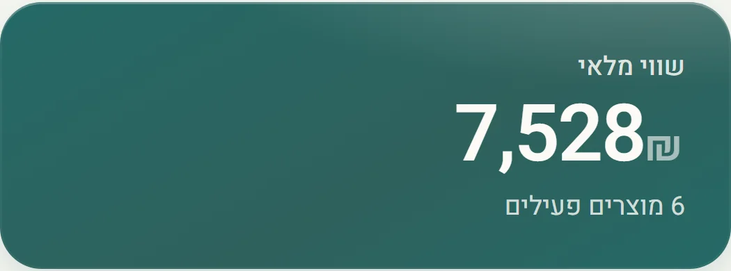 שווי המלאי ב-Dubiz — 7,528 ₪, 6 מוצרים פעילים
