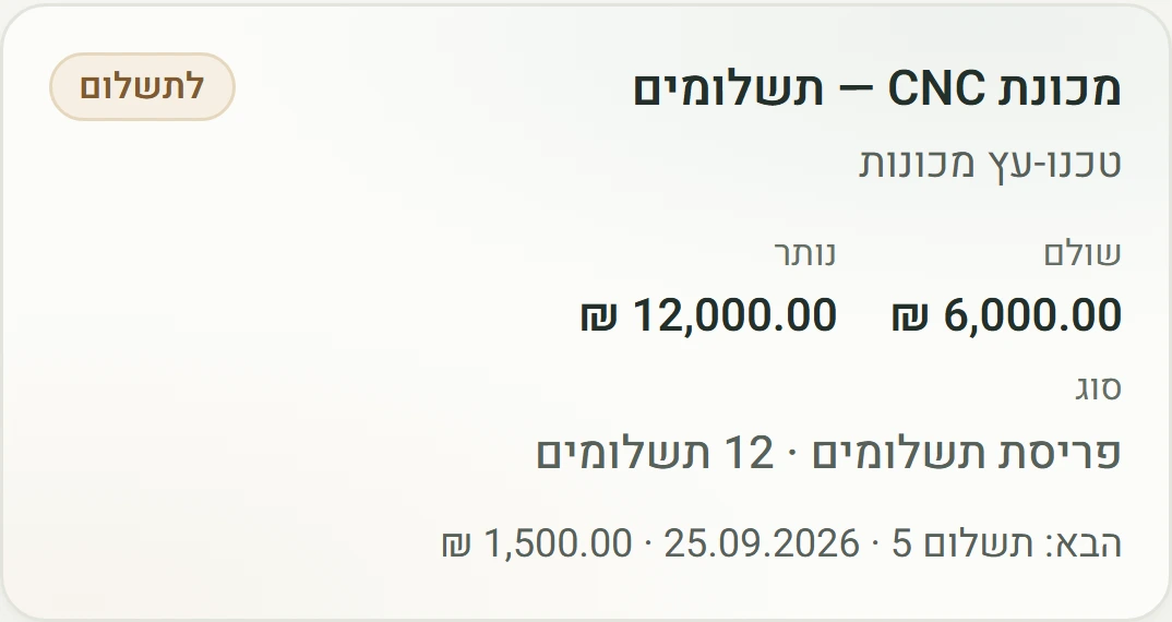 התחייבות ב-Dubiz — מכונת CNC בפריסת 12 תשלומים, 6,000 ₪ שולמו, 12,000 ₪ נותרו, והתשלום הבא ב-25.09.2026