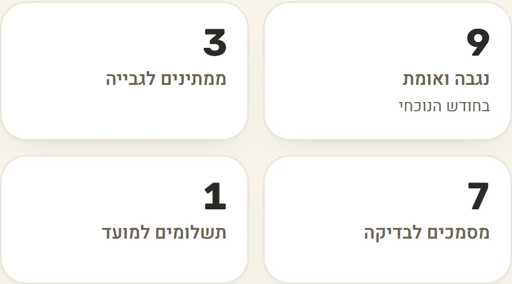היום במספרים ב-Dubiz — 9 גביות שנגבו ואומתו החודש, 3 ממתינות לגבייה, 7 מסמכים לבדיקה ותשלום אחד למועד